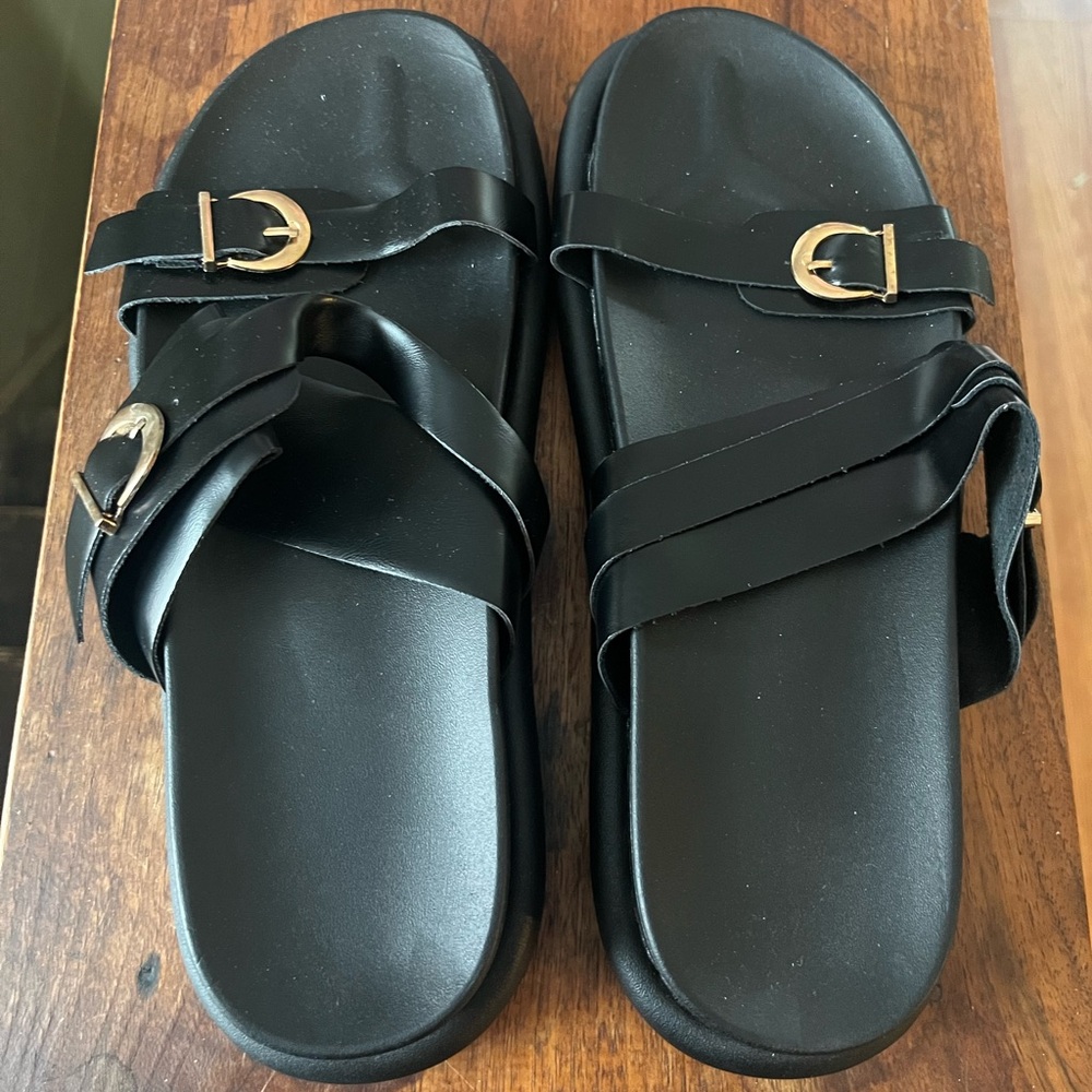 Black Strappy Sandals with Gold Buckles